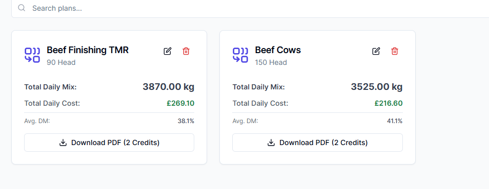 A screen shot of a livestock feed management app
