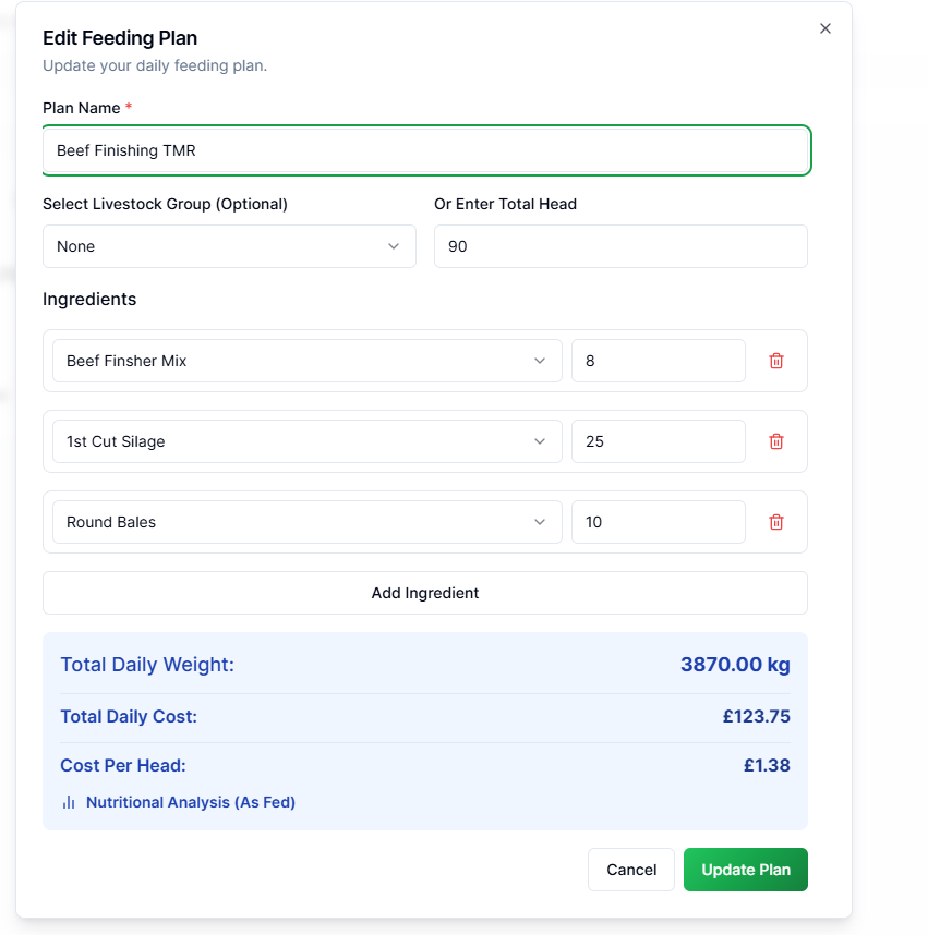 Livestock tmr mixes within the livestock feed management app